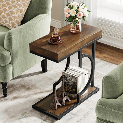 Narrow Side Table Brown Black C Shaped End Table Modern Bedside Tables for Couch, Small Sofa Tables with Metal Frame for Living Room (1, Brown+Black)