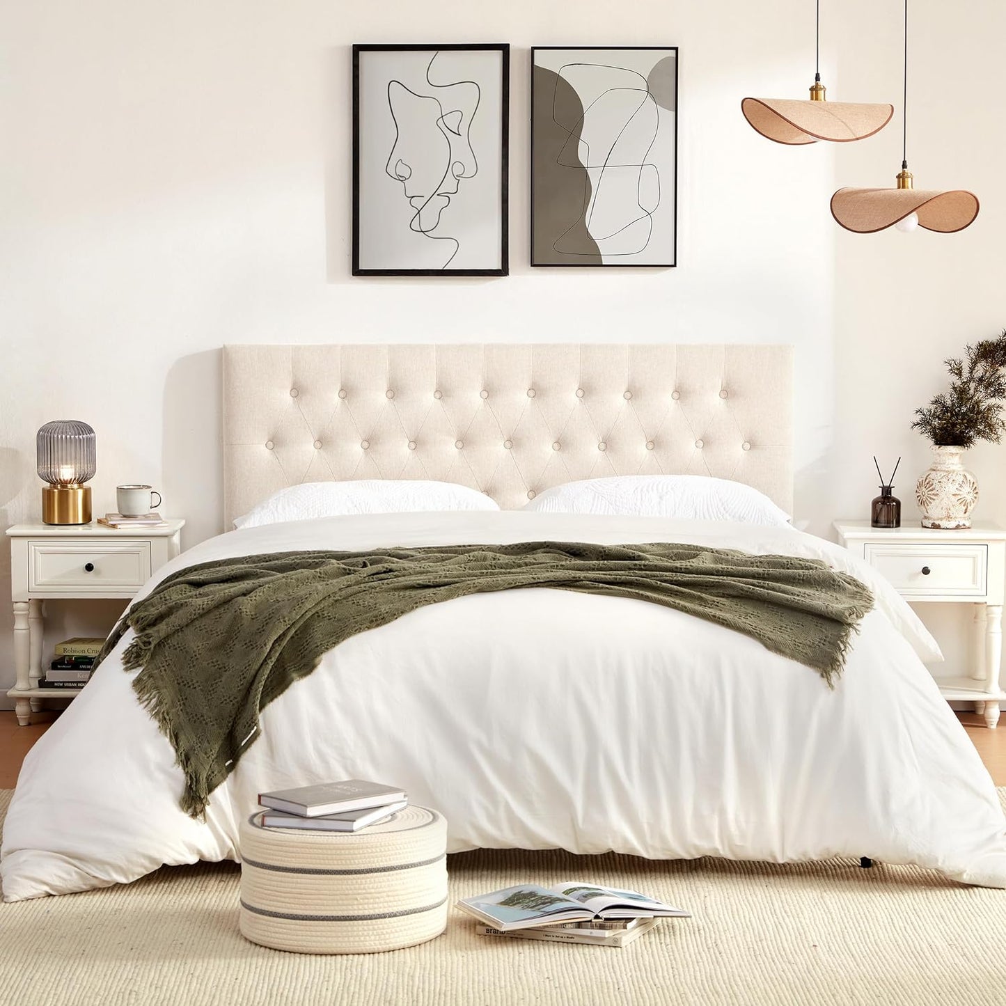 Tufted Upholstered Headboard Queen Size, Solid Wood Head Board with Durable Metal Legs, Adjustable Height Bed Headboard from 37” to 51” Fabric Headboard in Modern Button Design, Beige
