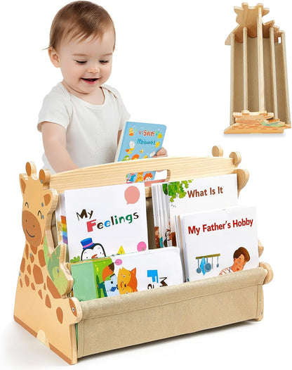 Toddler Bookshelf Double-Sided with 4 Tier Deep Sleeves Kids Wooden Montessori Book Rack for Baby Nursery Room, Playroom, Classroom or Bedroom Bookcase Storage Organizer, Pink Unicorn
