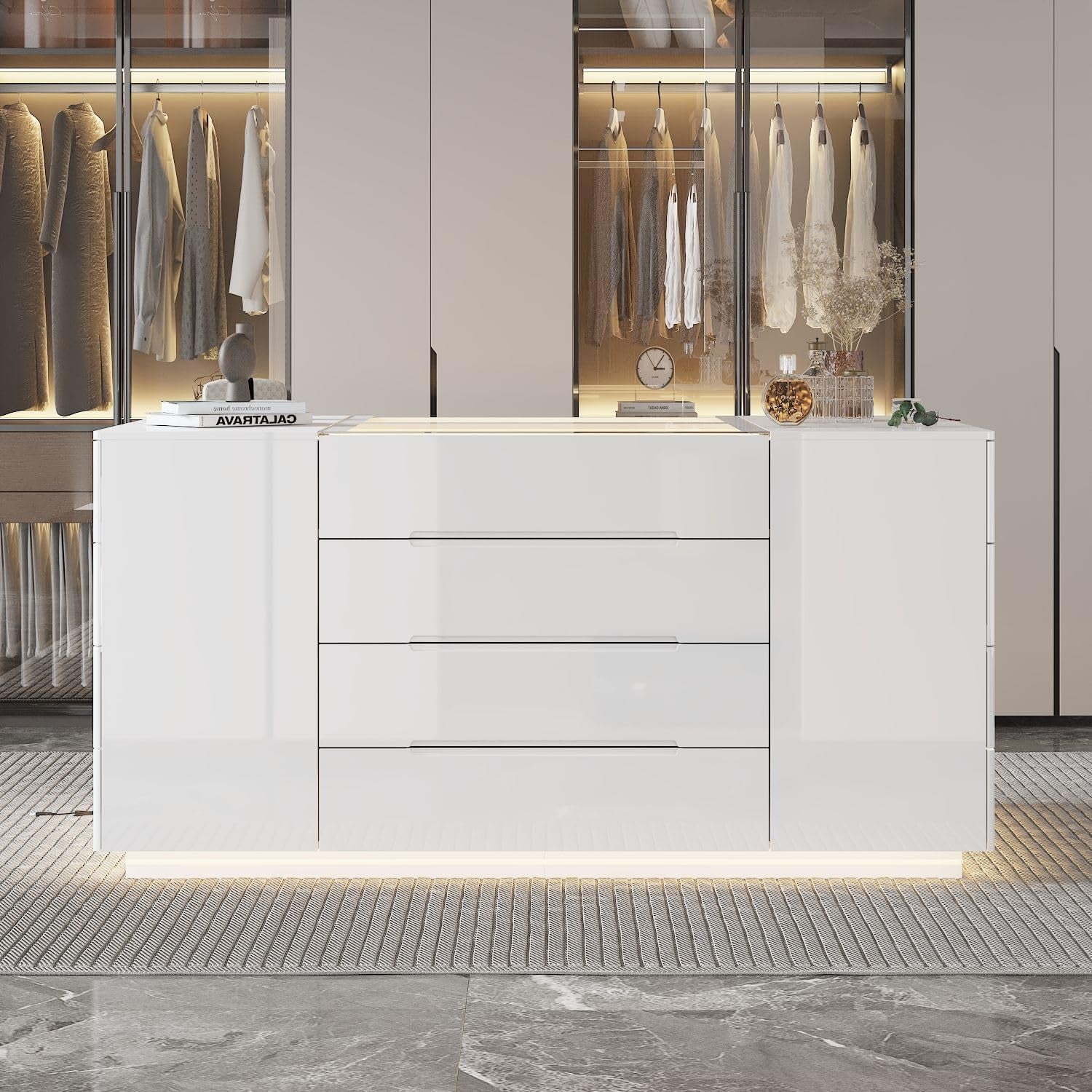Armoire Bedroom Island Wardrobe Closet Island with 16 Drawers & Glass Tabletop, Island Dresser with Jewelry Organizer, Closet Island for Cloakroom White (63”W X 31.5”D X 31.5”H)