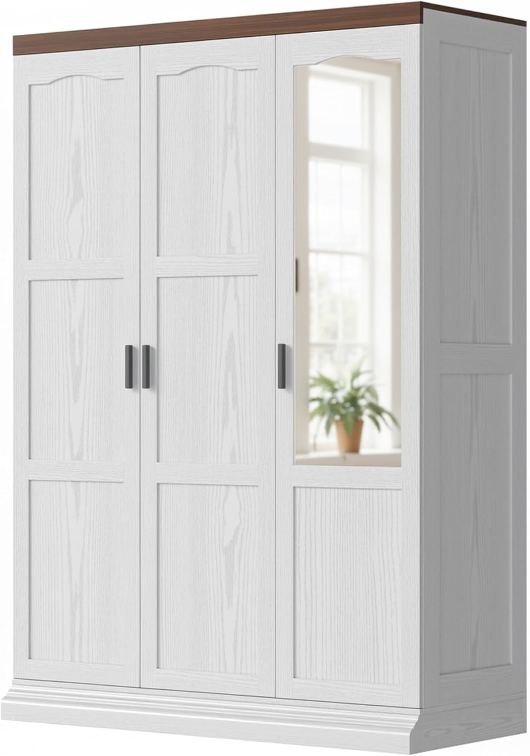 3 Door Armoire Wardrobe Closet with Mirror, Large Wardrobe Closet with Doors, White Armoire for Bedroom with Hanging Rods & Shelves for Long Clothing, Short Clothing and Stacking, Modern