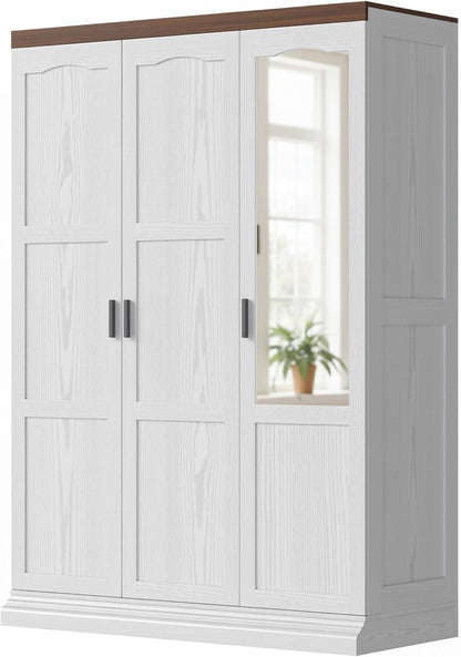 3 Door Armoire Wardrobe Closet with Mirror, Large Wardrobe Closet with Doors, White Armoire for Bedroom with Hanging Rods & Shelves for Long Clothing, Short Clothing and Stacking, Modern