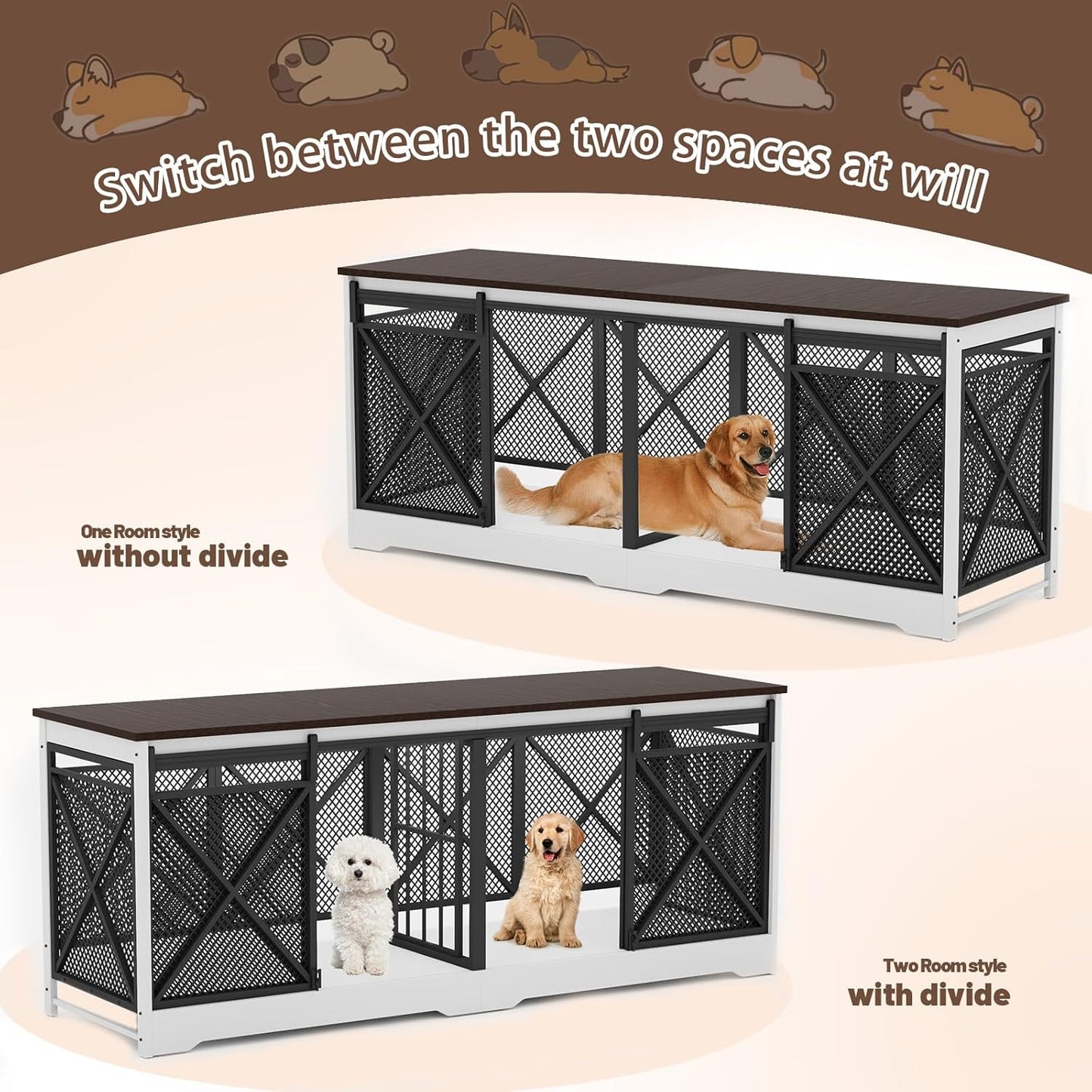 78 Inch Double Dog Crate Furniture, Extra Large Dog Kennel Indoor for Medium Large 2 Dogs, Heavy Duty Dog Cage Chew-Resistant Steel and Wooden Pet House with Removable Divider (White Brown)