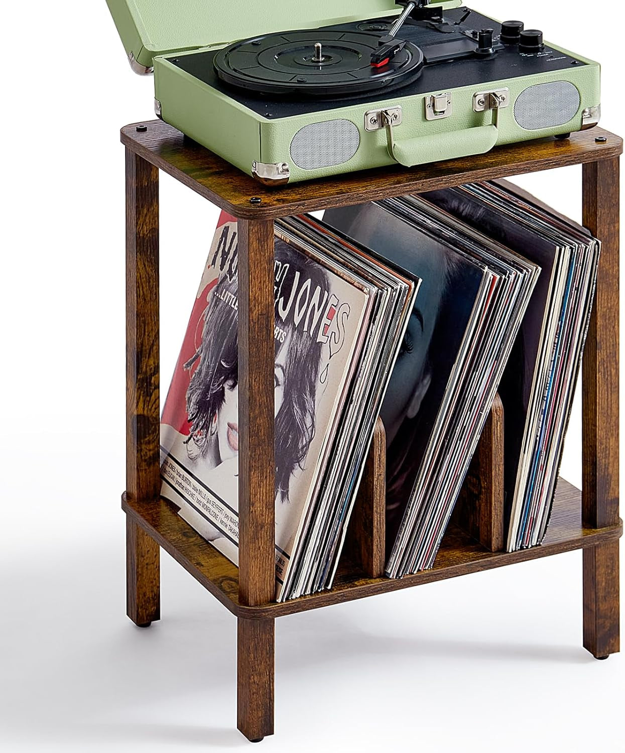 2-Tier Record Player Stand with Vinyl Record Storage up to 100 Albums, Bedroom Record Holder and Multi-Functional End Table for Living Room, Brown