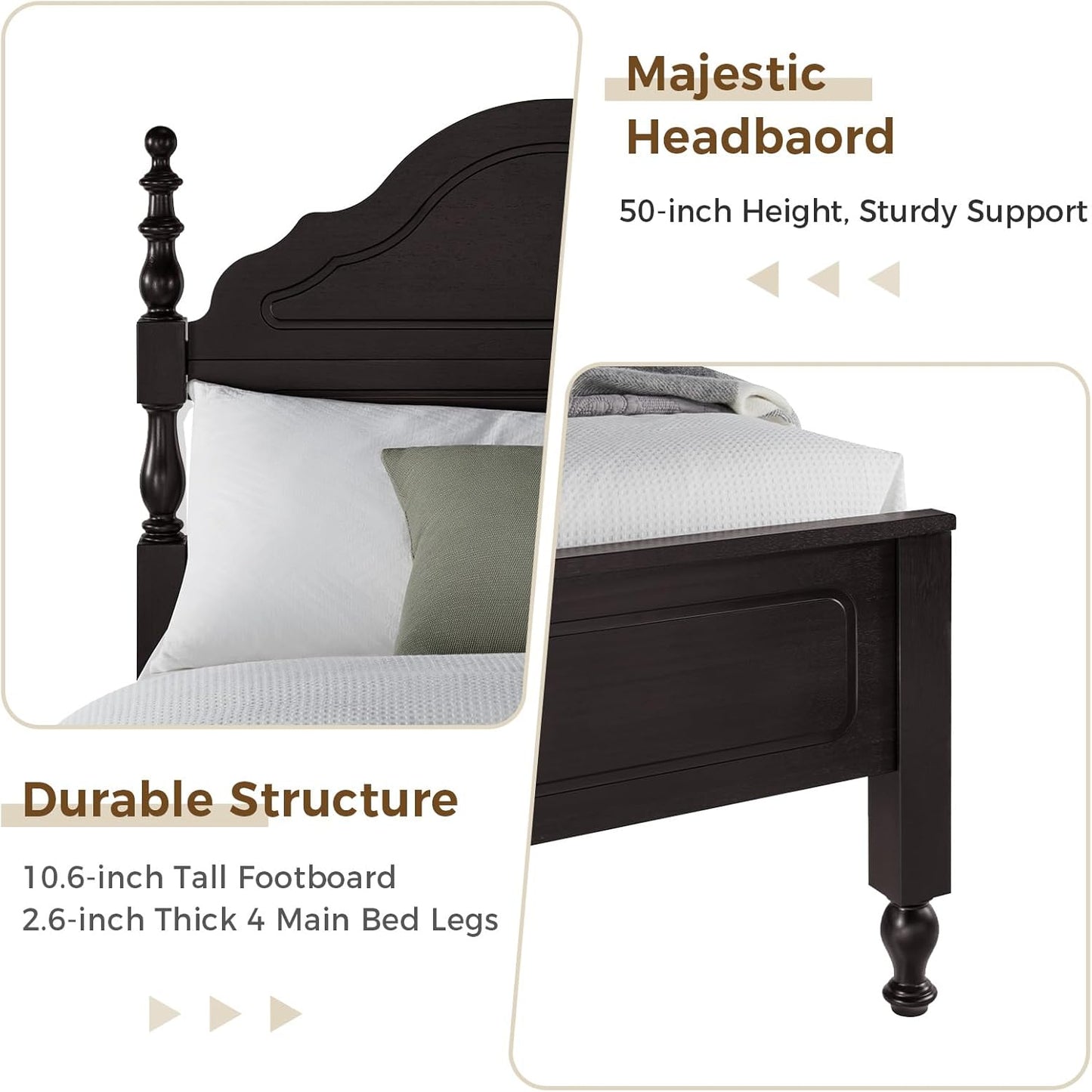 Wood Queen Size Bed Frame with Wooden 50" Tall Headboard, Heavy Duty 12 Solid Wood Slats Support, Rubber Wood Platform Bed Frame with Large under Bed Storage, No Box Spring Needed, Rustic Black