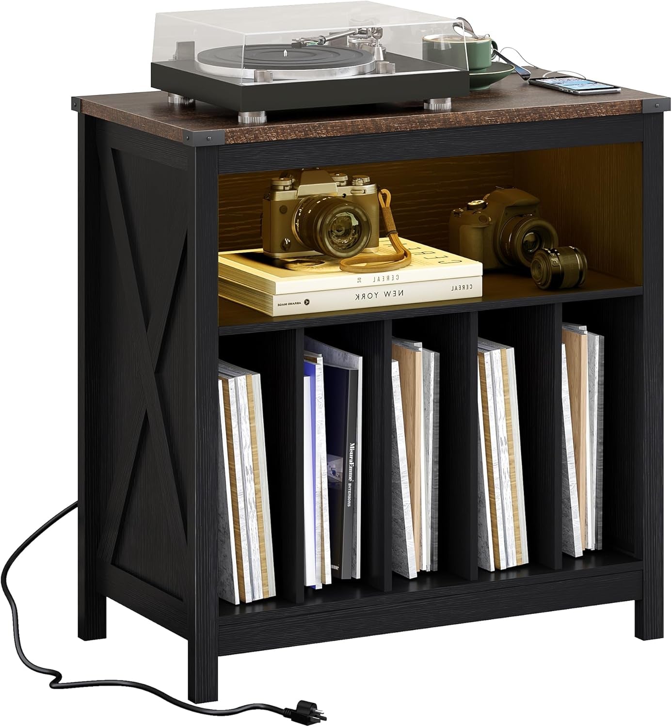 Large Record Player Stand with Charging Station & LED Light, Vinyl Record Holder Hold up to 300 Albums, Farmhouse End Table for Bedroom, Living Room, Black
