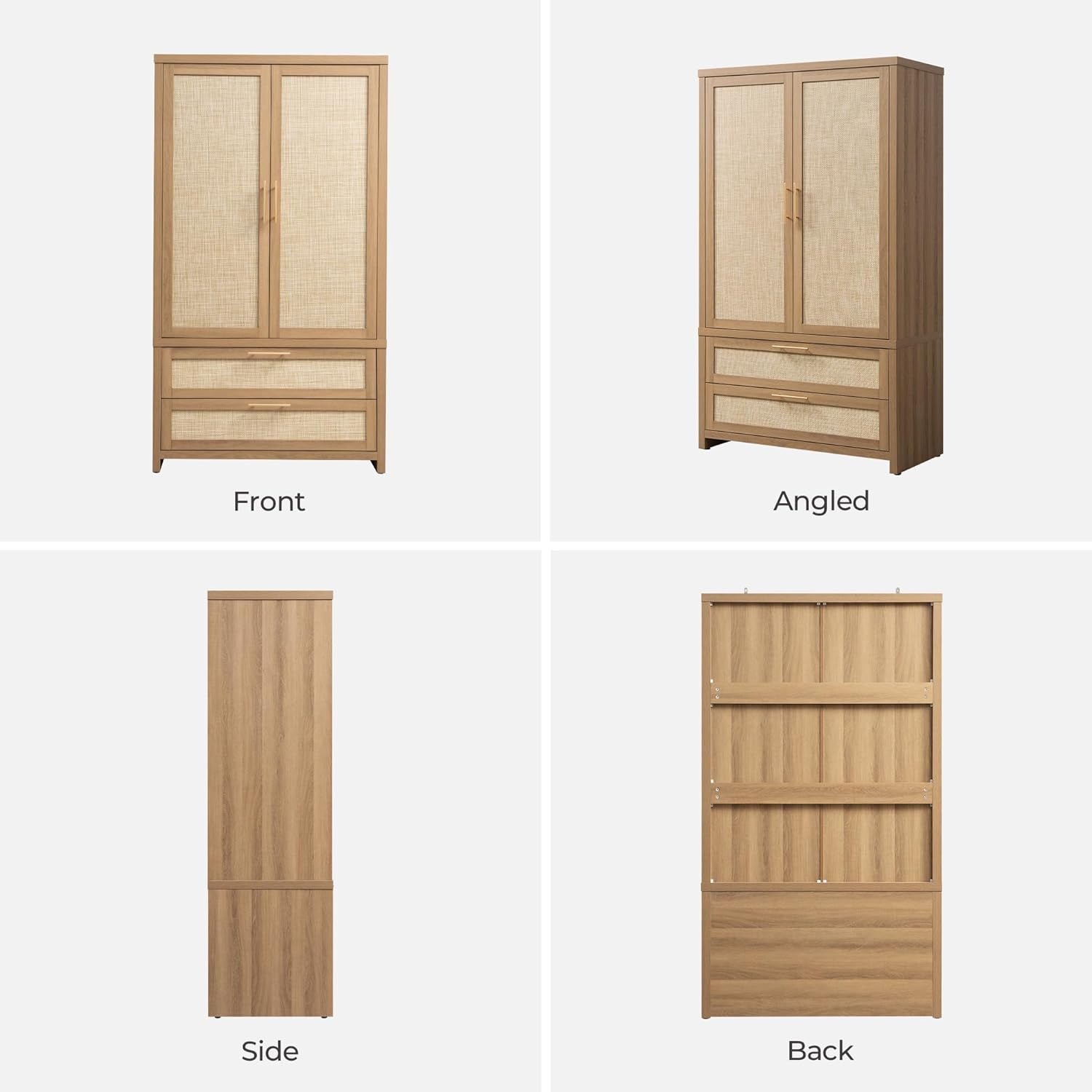 Rattan Armoire Wardrobe Closet Cabinet, 71" Tall Wardrobe Storage Cabinet with Doors, Larger Drawers and Hanging Rod, Boho Armoire Clothes Organizer for Bedroom, Laundry Room, Cloak Room, Oak