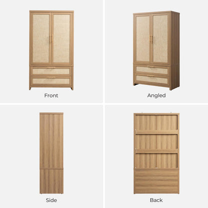 Rattan Armoire Wardrobe Closet Cabinet, 71" Tall Wardrobe Storage Cabinet with Doors, Larger Drawers and Hanging Rod, Boho Armoire Clothes Organizer for Bedroom, Laundry Room, Cloak Room, Oak