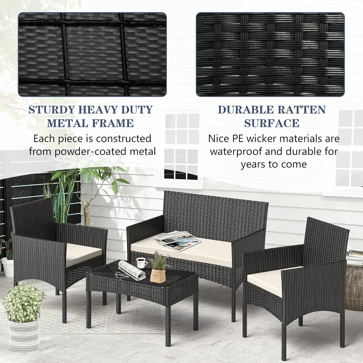 4 Pieces Patio Furniture Set, Outdoor Wicker Rattan Patio Conversation Furniture Set with Waterproof Cushion and Table for Lawn Backyard, Garden, Balcony, Porch and Poolside (Black)