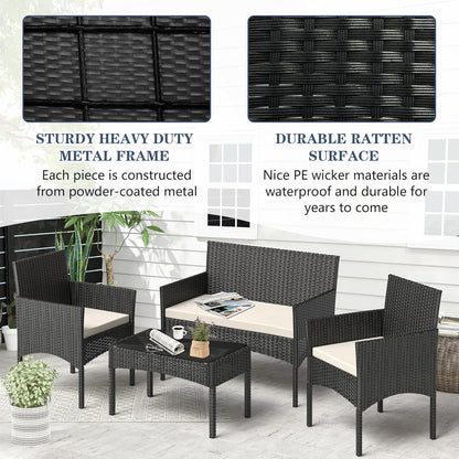 4 Pieces Patio Furniture Set, Outdoor Wicker Rattan Patio Conversation Furniture Set with Waterproof Cushion and Table for Lawn Backyard, Garden, Balcony, Porch and Poolside (Black)