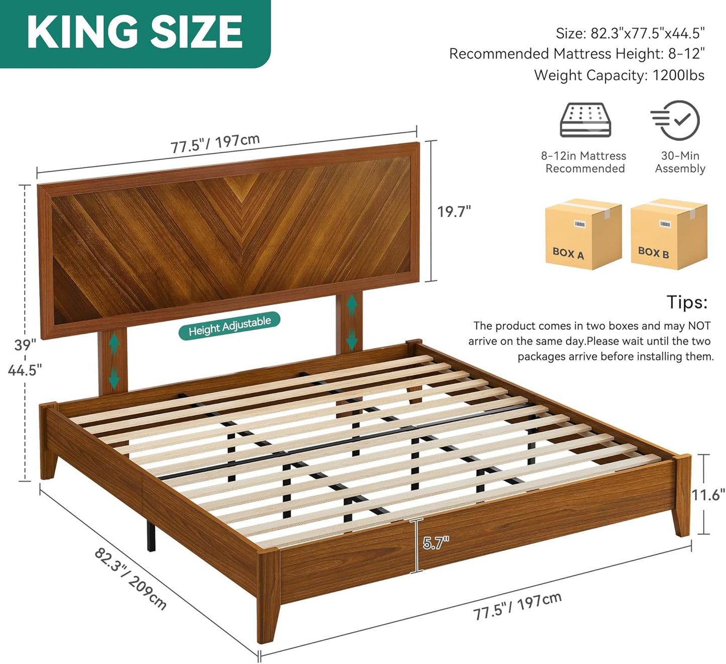 King Size Bed Frame with Adjustable Headboard, Farmhouse Wood Bed Frame with Solid Wood Slats Support, No Box Spring Needed, 12 Strong Wood Slat Support, Easy Assembly, Rustic Brown