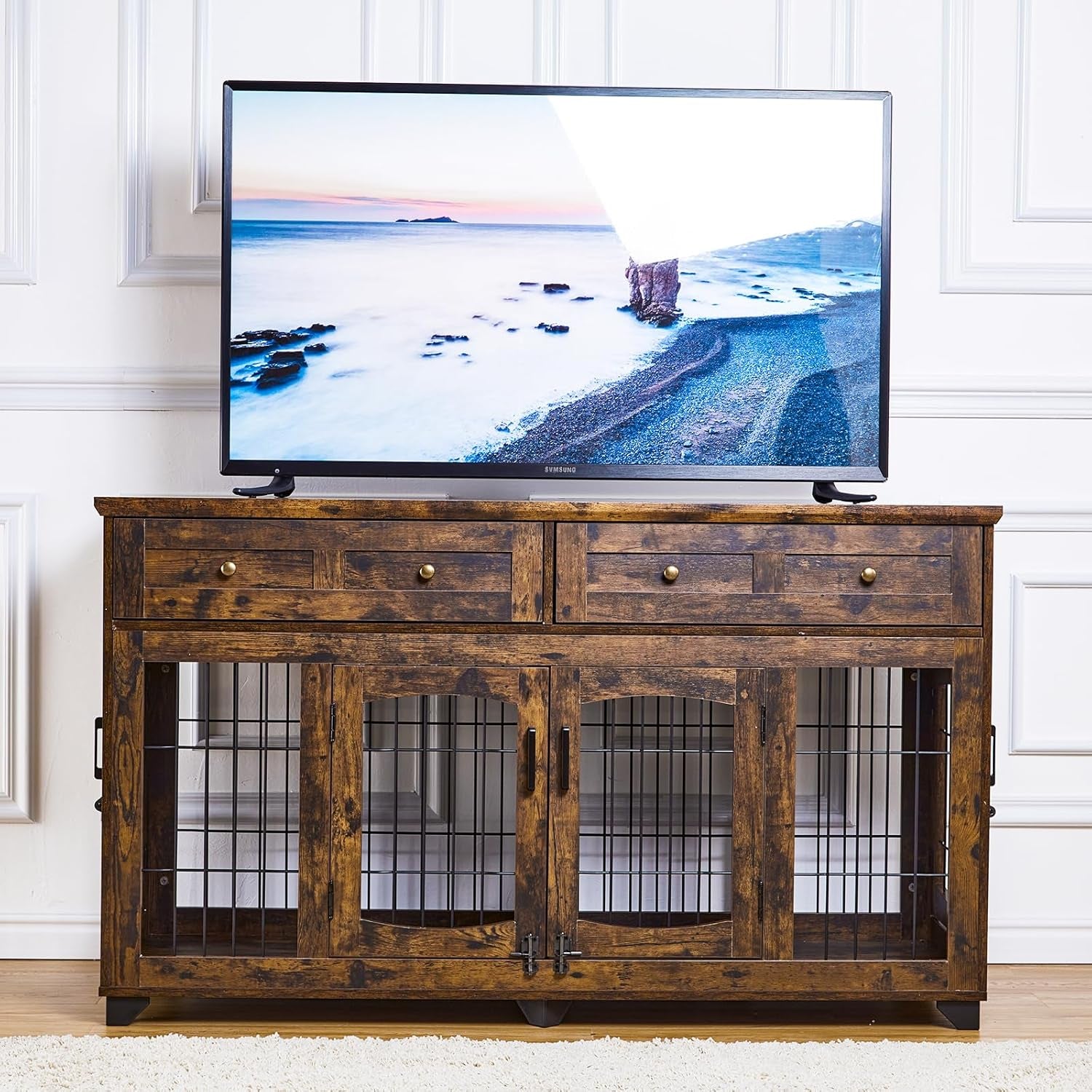 58 Inch Large Dog Crate Furniture - 2-Room Wooden Dog Kennel for 2 Dogs/Large Breeds, Crate TV Stand End Table with Storage Drawers, Indoor Dog House with Openable Divider