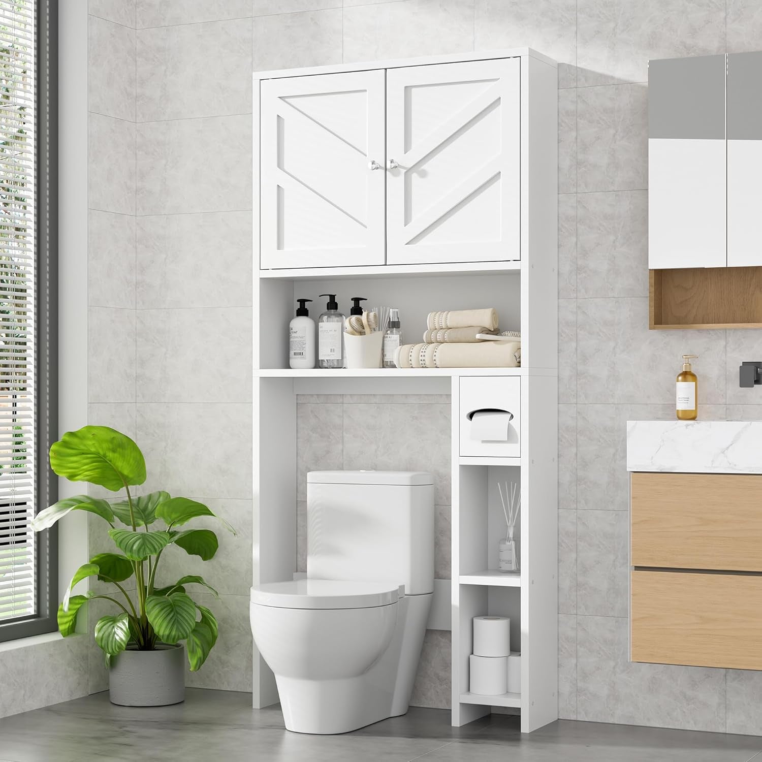 over Toilet Storage Cabinet with Toilet Paper Holder Stand, Freestanding Bathroom Storage Organizer Cabinet Space Saver W/Adjustable Shelf, White