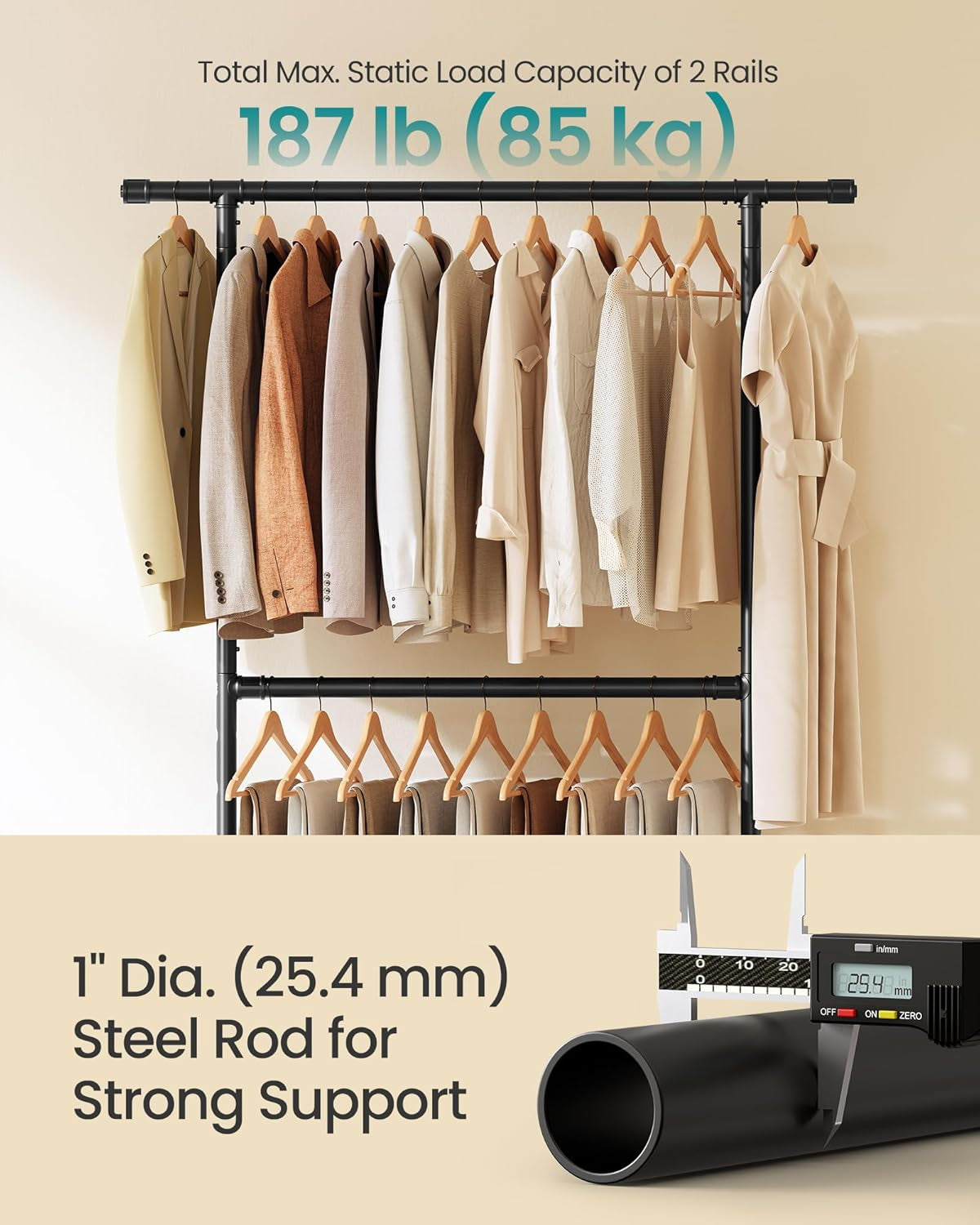 Heavy-Duty Clothes Rack, Double-Rod Clothing Rack for Hanging Clothes, Industrial Garment Rack on Wheels, Adjustable Metal Frame, 2 Casters with Brakes, Commercial Display, Black UHSR62BK