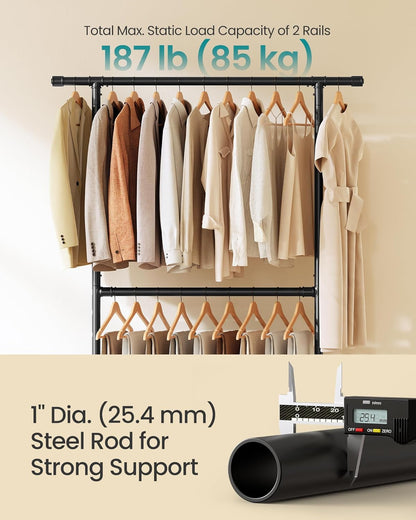 Heavy-Duty Clothes Rack, Double-Rod Clothing Rack for Hanging Clothes, Industrial Garment Rack on Wheels, Adjustable Metal Frame, 2 Casters with Brakes, Commercial Display, Black UHSR62BK