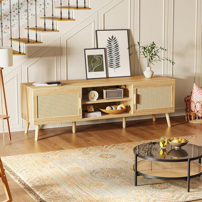 Boho TV Stand for 65 Inch TV, Entertainment Center with Adjustable Shelf, Rattan TV Console with 2 Cabinets, Media Console, Solid Wood Feet, 4 Cord Holes, for Living Room - Natural