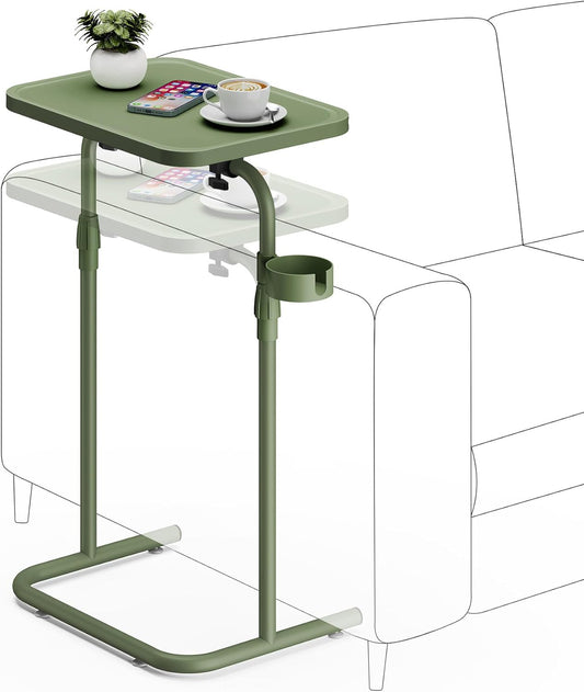 C Shaped End Table with Tiltable Surface, Adjustable Height Side Table, Slide under Couch Table TV Tray for Eating, Sofa Tray for Livingroom, Bedroom Olive Green TB01BOG091