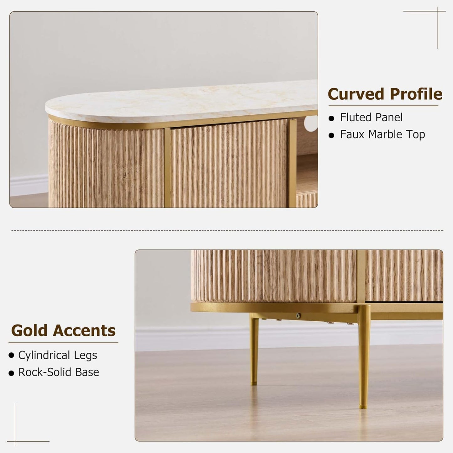 Luxury 70" Fluted TV Stand, Modern Chic Entertainment Center for Tvs up to 80 Inches, TV Console with Faux Marble Top, Curved Profile Design, Media Console for Living Room, Natural Oak