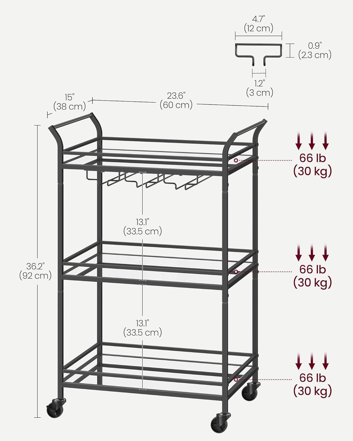 Bar Cart Black, Small Home Bar Serving Cart with 3-Tier Mirrored Shelf, Wine Holders, Glass Holders, for Small Spaces, Kitchen, 15 X 23.6 X 36.2 Inches, Black ULRC100B01