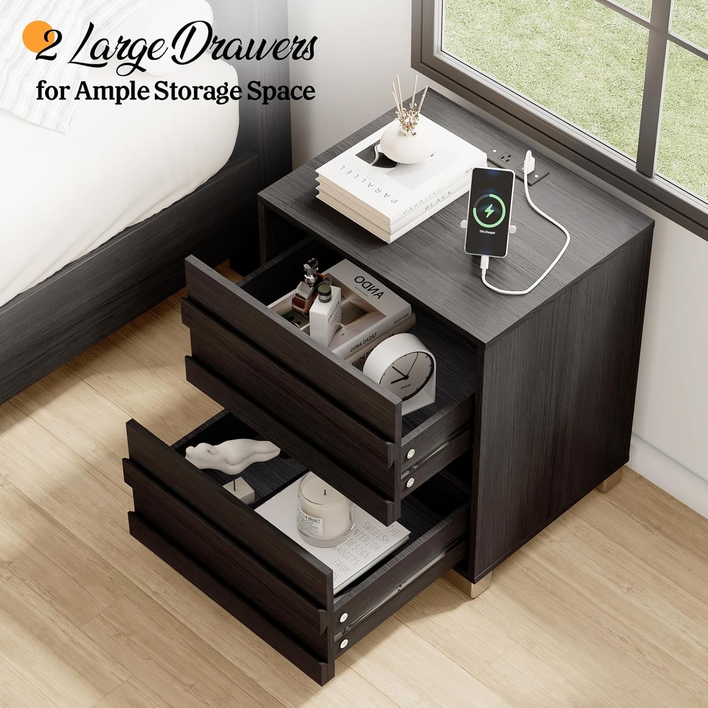3-Piece Bedroom Set, Including Farmhouse Queen Size Bed Frame with Flutted Headboard, Nightstands Set of 2 with Charging Station, Black