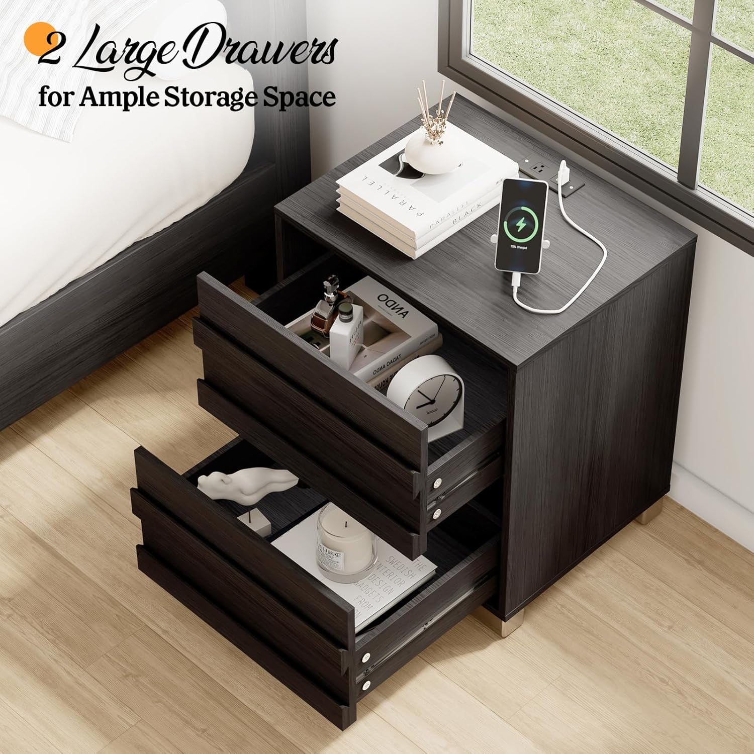 3-Piece Bedroom Set, Including Farmhouse Queen Size Bed Frame with Flutted Headboard, Nightstands Set of 2 with Charging Station, Black