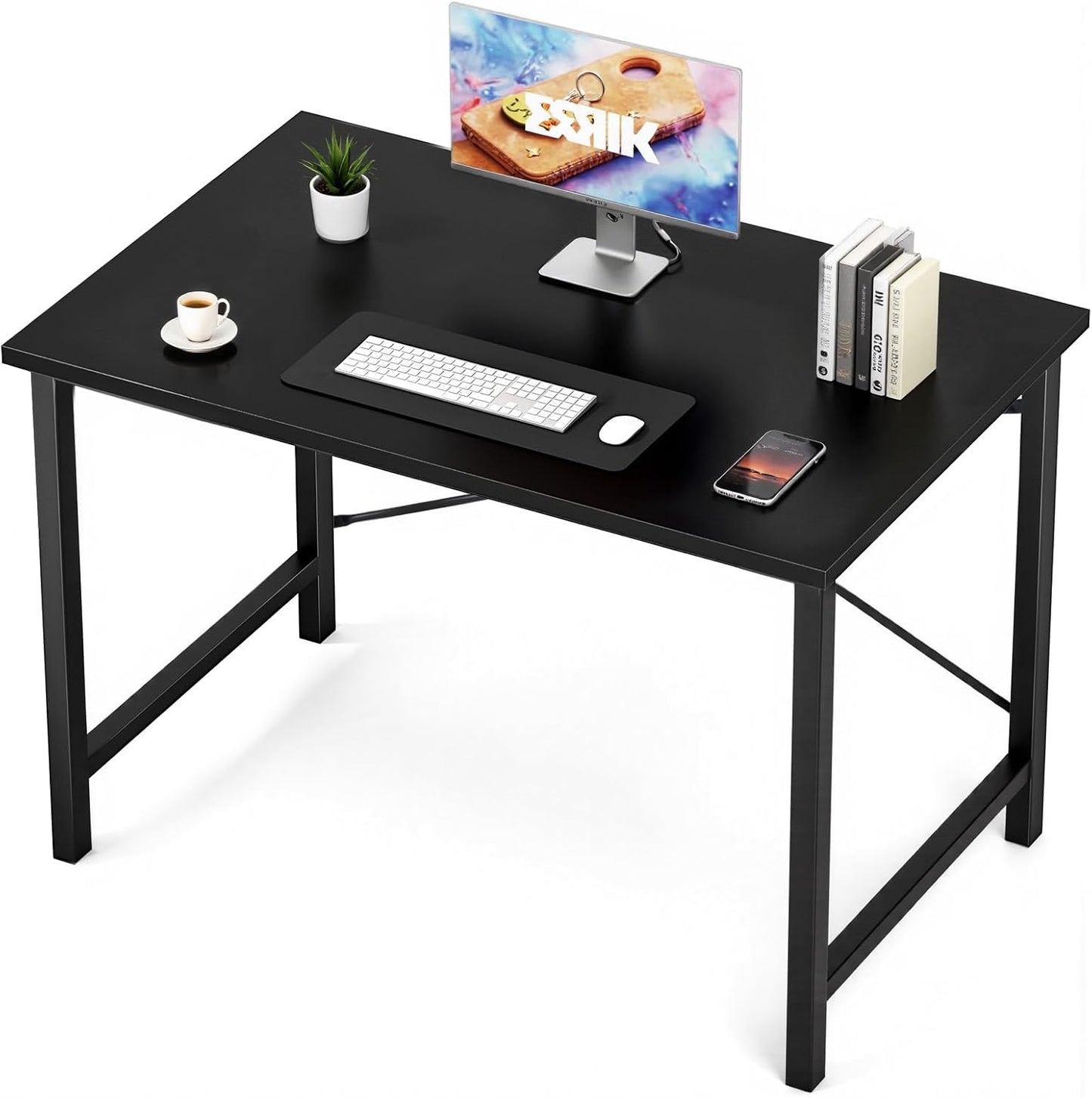 Small Computer Office Desk 40 Inch Student Study Writing Work with Metal Frame Wood Tabletop Modern Simple Home Bedroom PC Table - Black