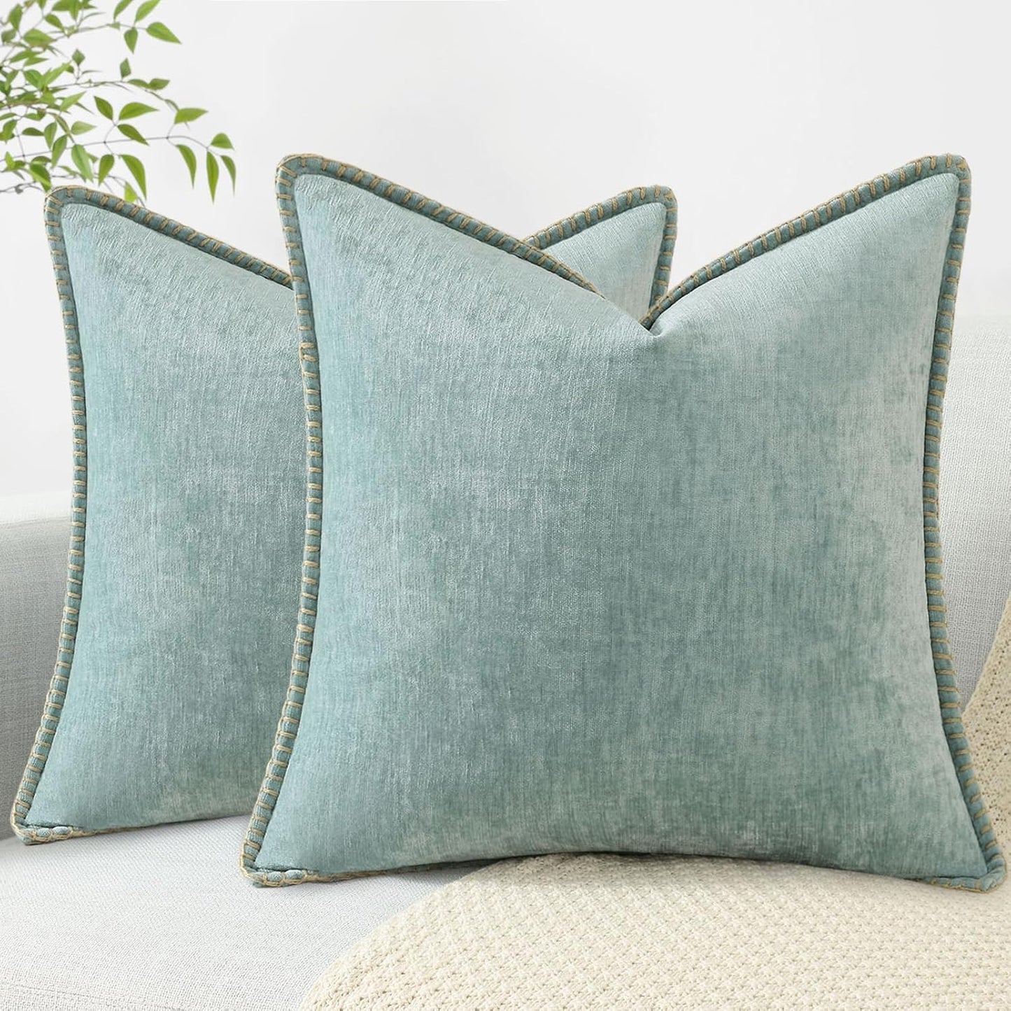Chenille Soft Throw Pillow Covers 18X18 Set of 2, Farmhouse Velvet Neutral Decorative Euro Pillow Covers with Stitched Edge for Couch Sofa Bed Home Decor, Aqua Haze