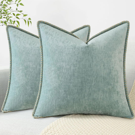 Chenille Soft Throw Pillow Covers 18X18 Set of 2, Farmhouse Velvet Neutral Decorative Euro Pillow Covers with Stitched Edge for Couch Sofa Bed Home Decor, Aqua Haze