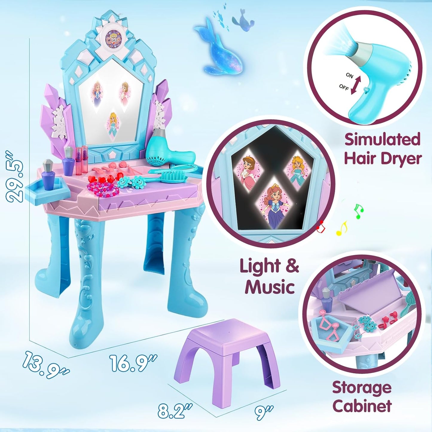 Toddler Vanity Magic Makeup Table and Chair Set Girl Toys Mirror with Music Light Frozen Toys for 1 2 3 4 Year Old Girls Hair Salon Pretend Play Princess Dress up Playset Gifts Kids Toddler 1-3