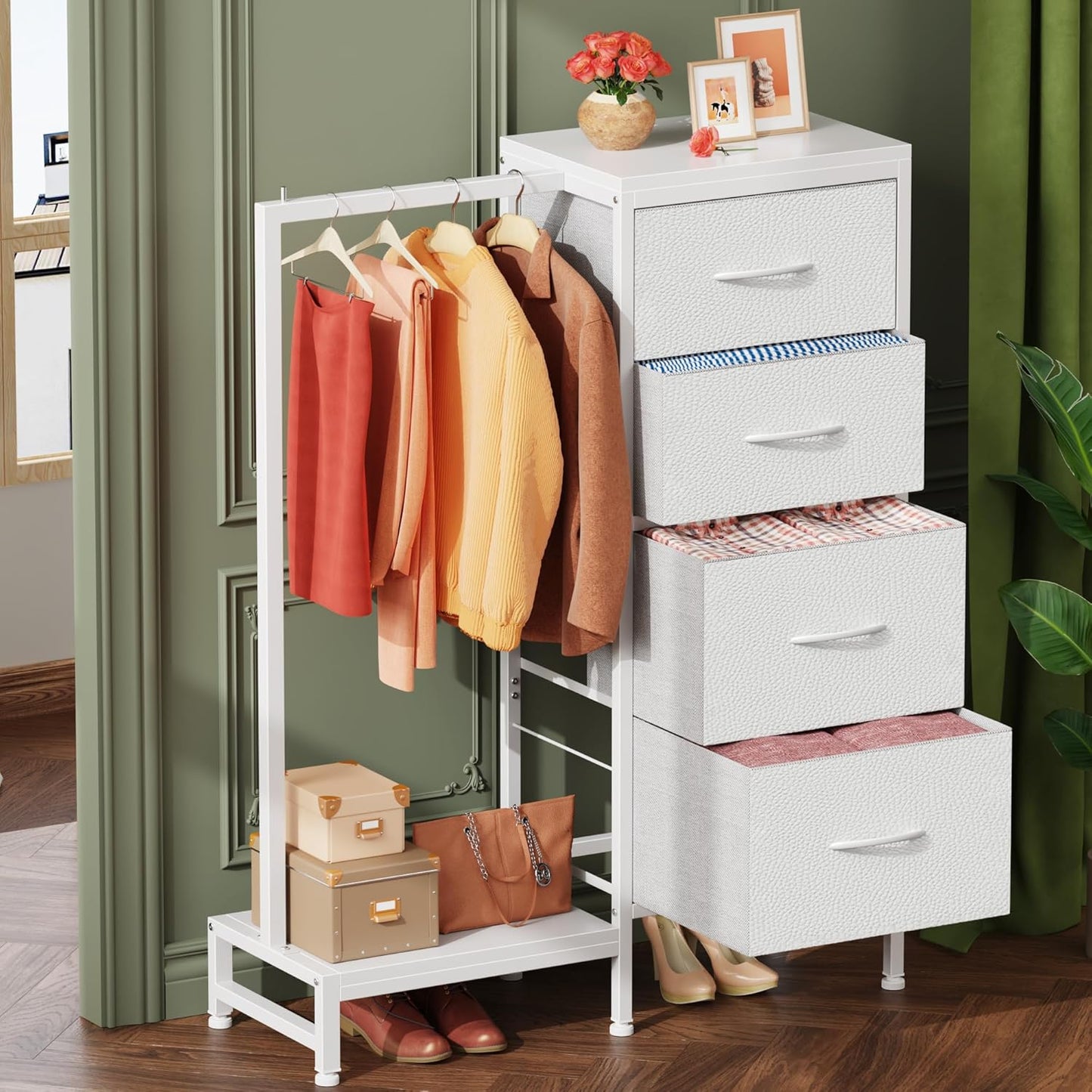 Dresser with Hanging Rack, 4 Drawers Small Closet for Bedroom, Reversible Fabric Kids Chest of Drawers with Clothes Rack, Tall Storage Tower, Sturdy Frame, White, 44''H