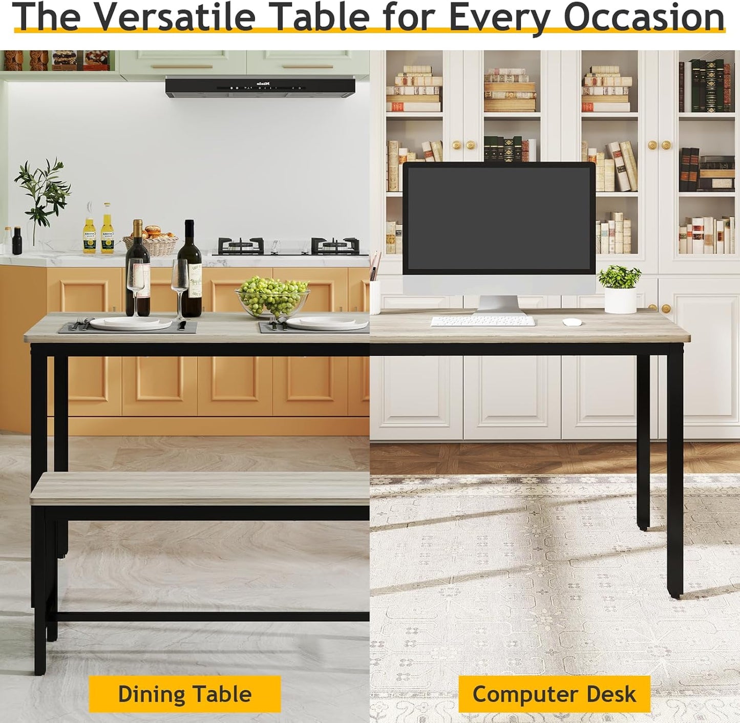 Dining Room Table Chairs Set for 4, Modern Space Saving Kitchen Table with 2 Benches & Adjustable Feet Breakfast Table, Farmhouse Wooden Industrial Style, 43", Grey