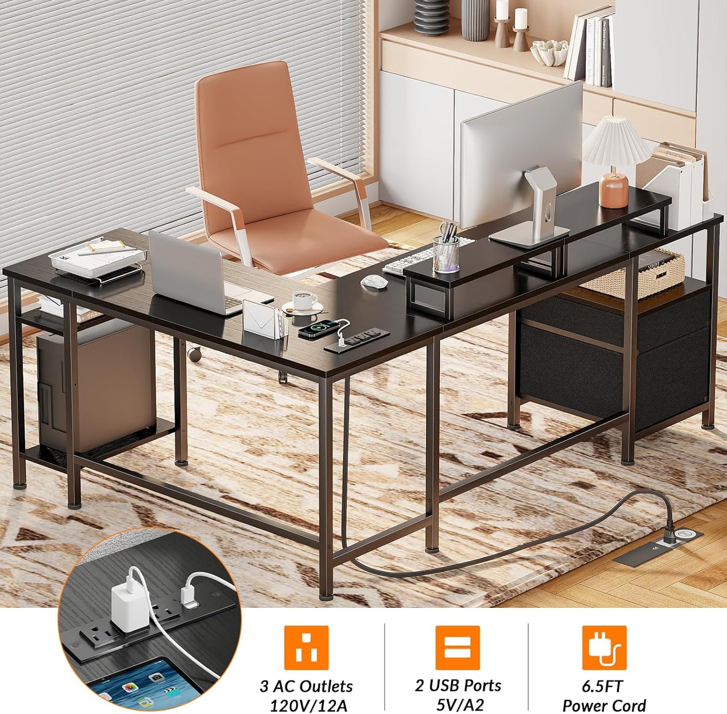 66” L Shaped Desk with Power Outlet, Reversible Computer Gaming Desk with File Drawer & 2 Monitor Stands for Home Office with Storage Shelves, Black