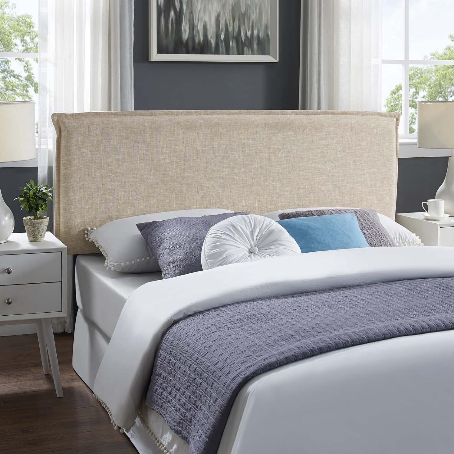 Camille Linen Fabric Upholstered Queen Headboard in Beige with French Piping