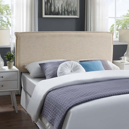 Camille Linen Fabric Upholstered Queen Headboard in Beige with French Piping