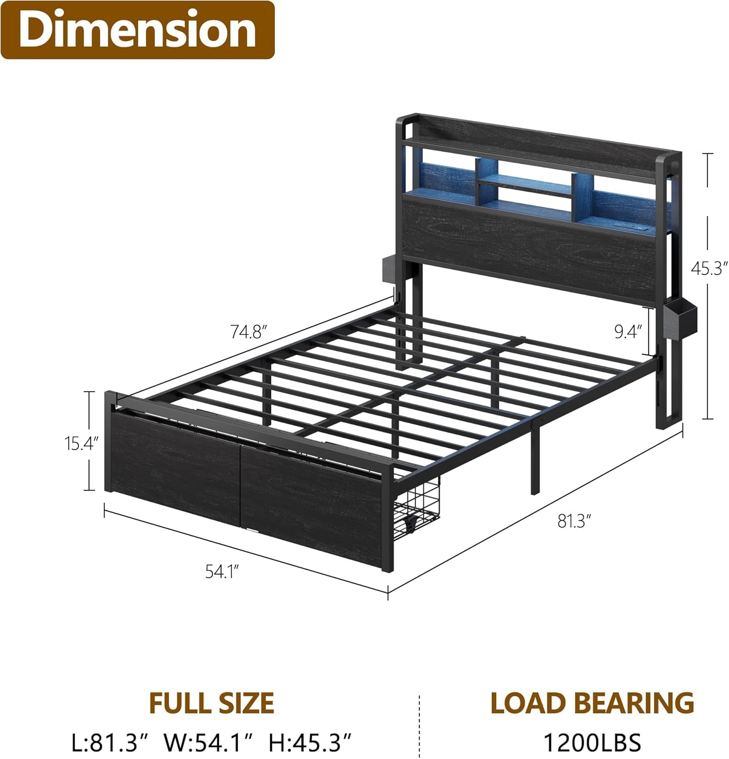 Full Size Bed Frame with Wood Headboard, Metal Platform Bed Frame Full Size with 2 Storage Drawers and Shelf, LED Lights and Charging Station, No Box Spring Needed, Noise Free, Black