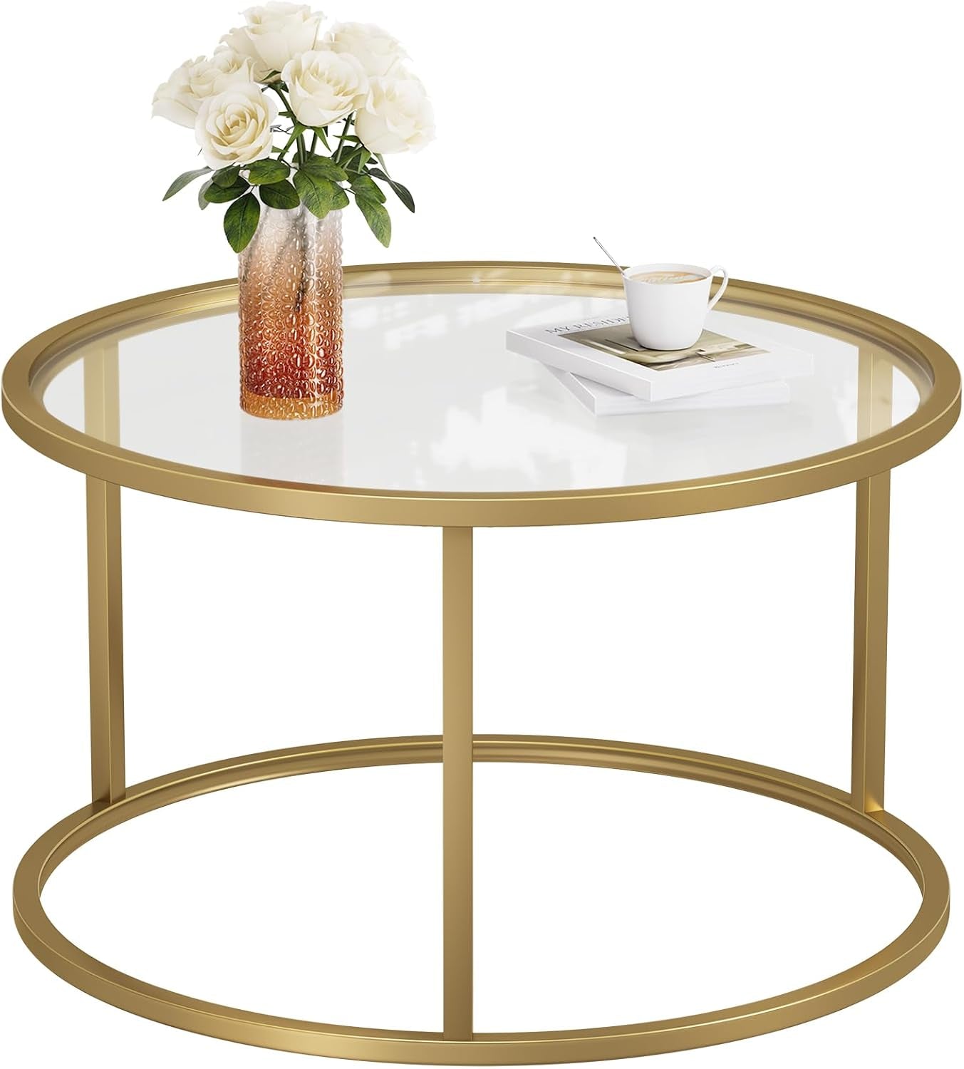 Small Glass Coffee Table round Gold Coffee Table for Small Space Modern Simple Center Table with Gold Frame for Living Room Home Office, Easy Assembly