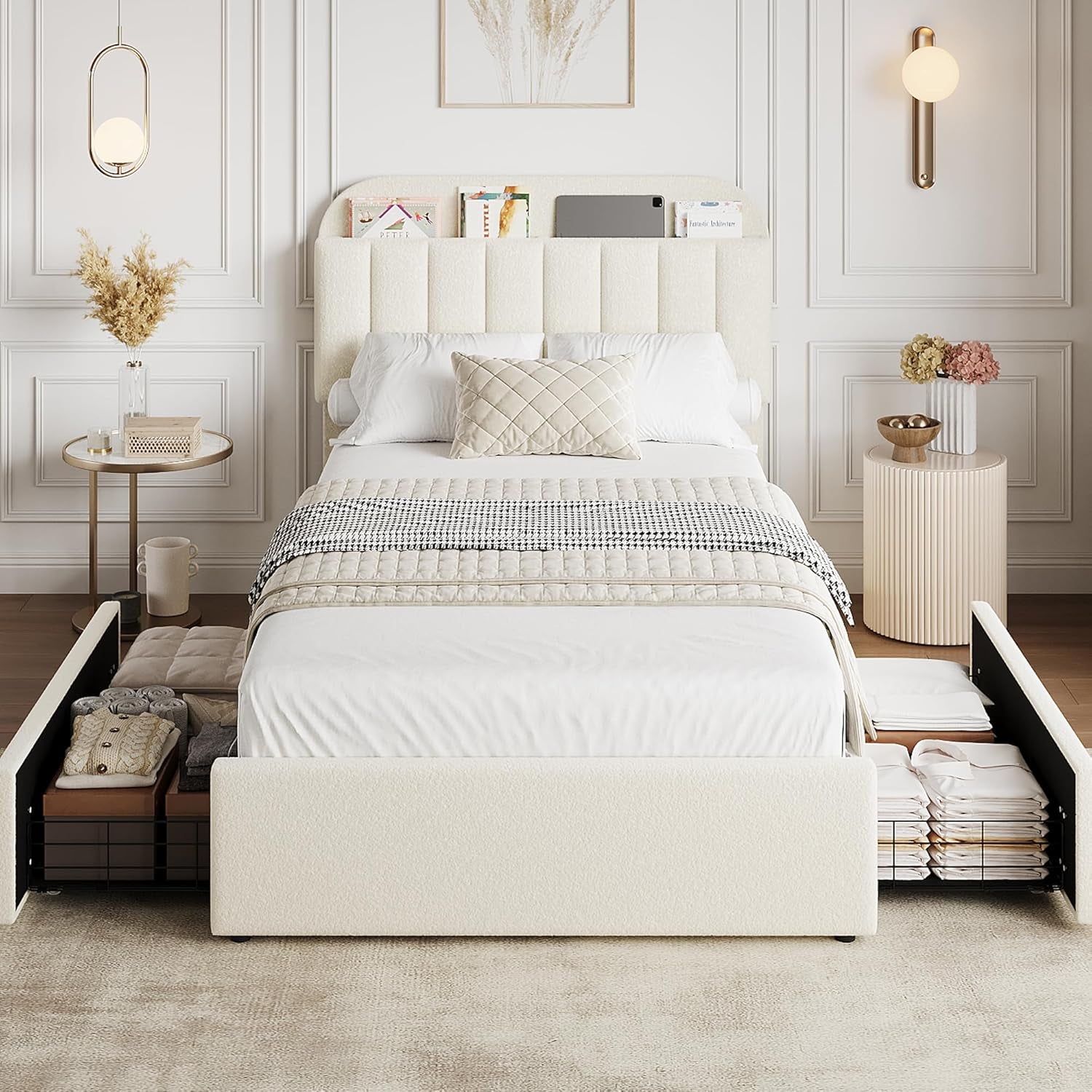 Twin Bed Frame with Storage Headboard, Kids Bed Frame with 2 Drawers, Boucle Upholstered Platform Bed with Bookcase, No Box Spring Needed, Easy Assembly, Ivory White