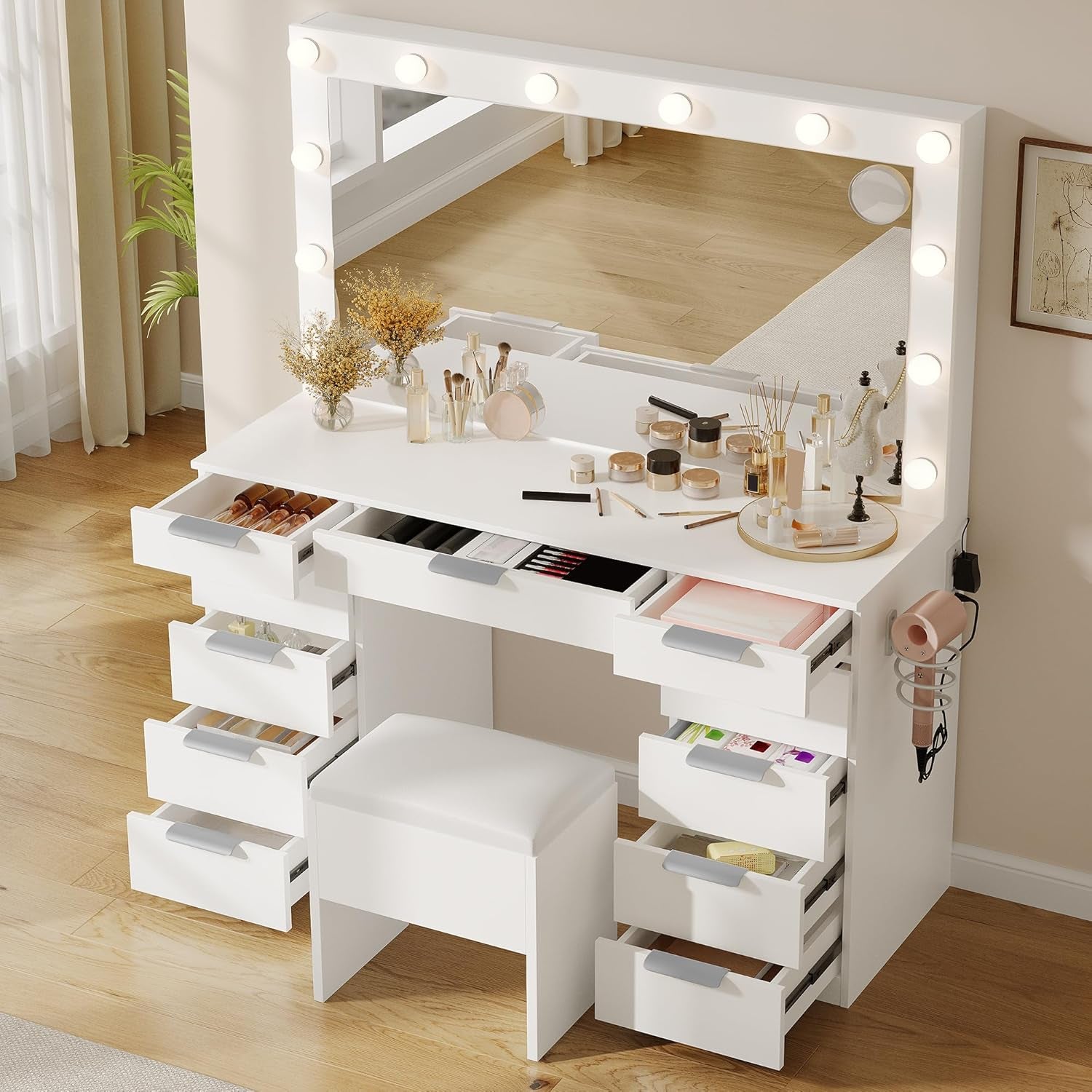 Vanity Desk Set with Mirror & Power Outlets, Vanity Table with Stool, 12 LED Bulbs, 3 Dimmable Light Colors, 11 Drawers, Hair Dryer Rack & Magnifying Mirror