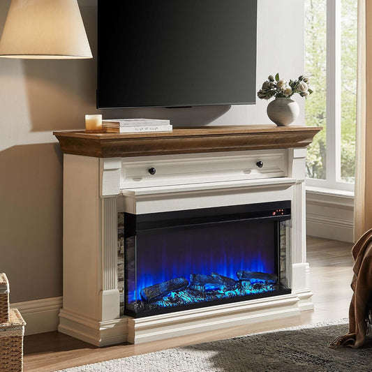 52 Inch Electric Fireplace with Mantel, Fireplace TV Stand with 36" 3-Sided Glass Electric Fireplace Heater for Living Room (Antique White)
