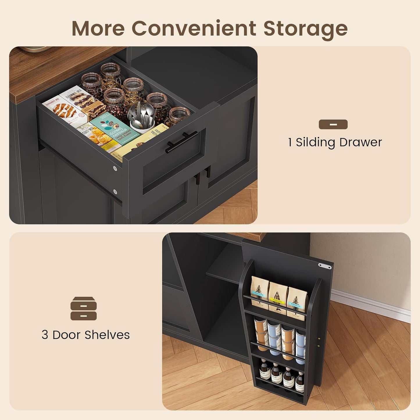 71" Pantry Cabinet with Charging Station and LED Light, Kitchen Pantry Cabinet with Microwave Stand, 47.2" Wide Kitchen Storage Cabinets with Storage Cart 3 Tier for Dining Room, Black