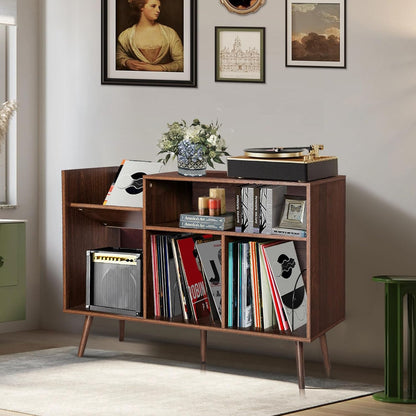 Large Record Player Stand, Mid-Century Vinyl Record Storage Table with Wood Legs and Record Storage, Modern Turntable Stand Holds up to 300 Albums for Studio, Living Room, Bedroom (Walnut)