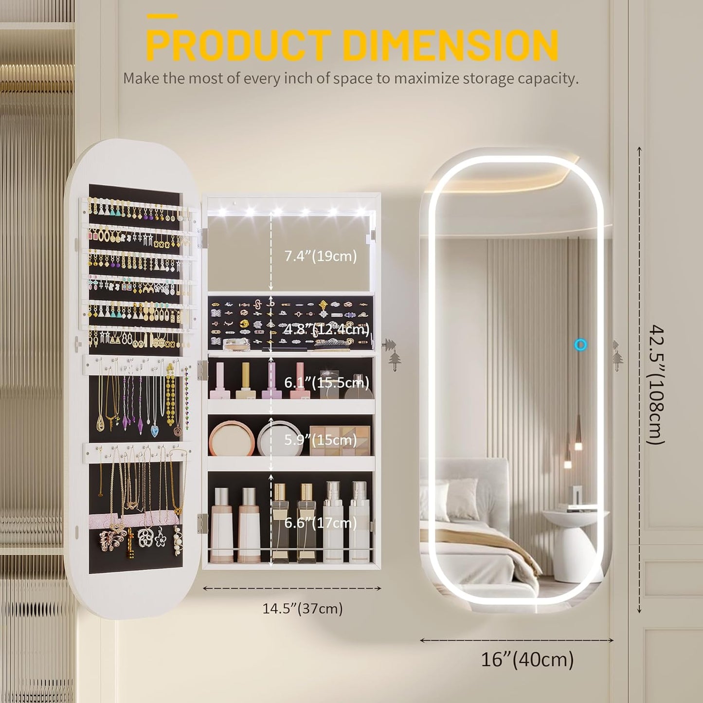 LED Lights Mirror Jewelry Cabinet, Wall Mount/Over the Door Jewelry Armoire Organizer, 42" Full Length Mirror with Storage, Built-In Makeup Mirror, Lockable Mirror Cabinet for Jewelry, White