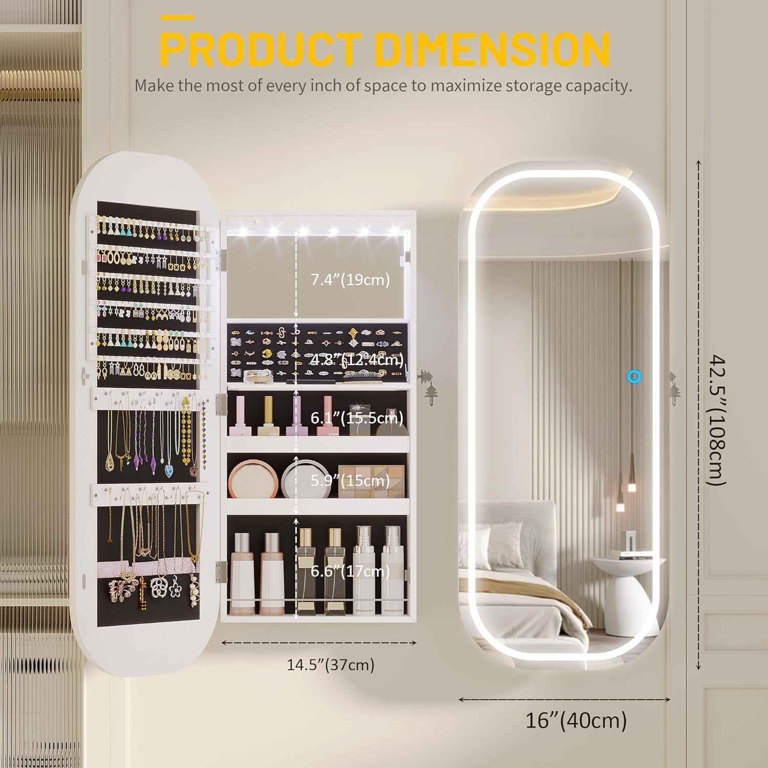 LED Lights Mirror Jewelry Cabinet, Wall Mount/Over the Door Jewelry Armoire Organizer, 42" Full Length Mirror with Storage, Built-In Makeup Mirror, Lockable Mirror Cabinet for Jewelry, White