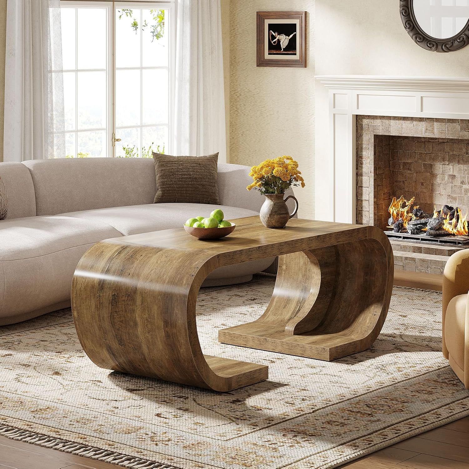 Farmhouse Coffee Table, 47" Heavy Duty C-Shaped Center Table with Curved Base, Large Tea Table for Living Room, Entertainment Room, Home Office, Rustic Brown