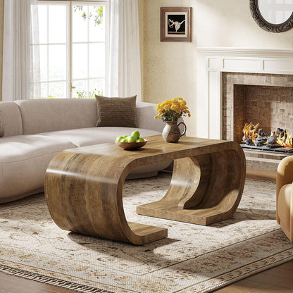 Farmhouse Coffee Table, 47" Heavy Duty C-Shaped Center Table with Curved Base, Large Tea Table for Living Room, Entertainment Room, Home Office, Rustic Brown