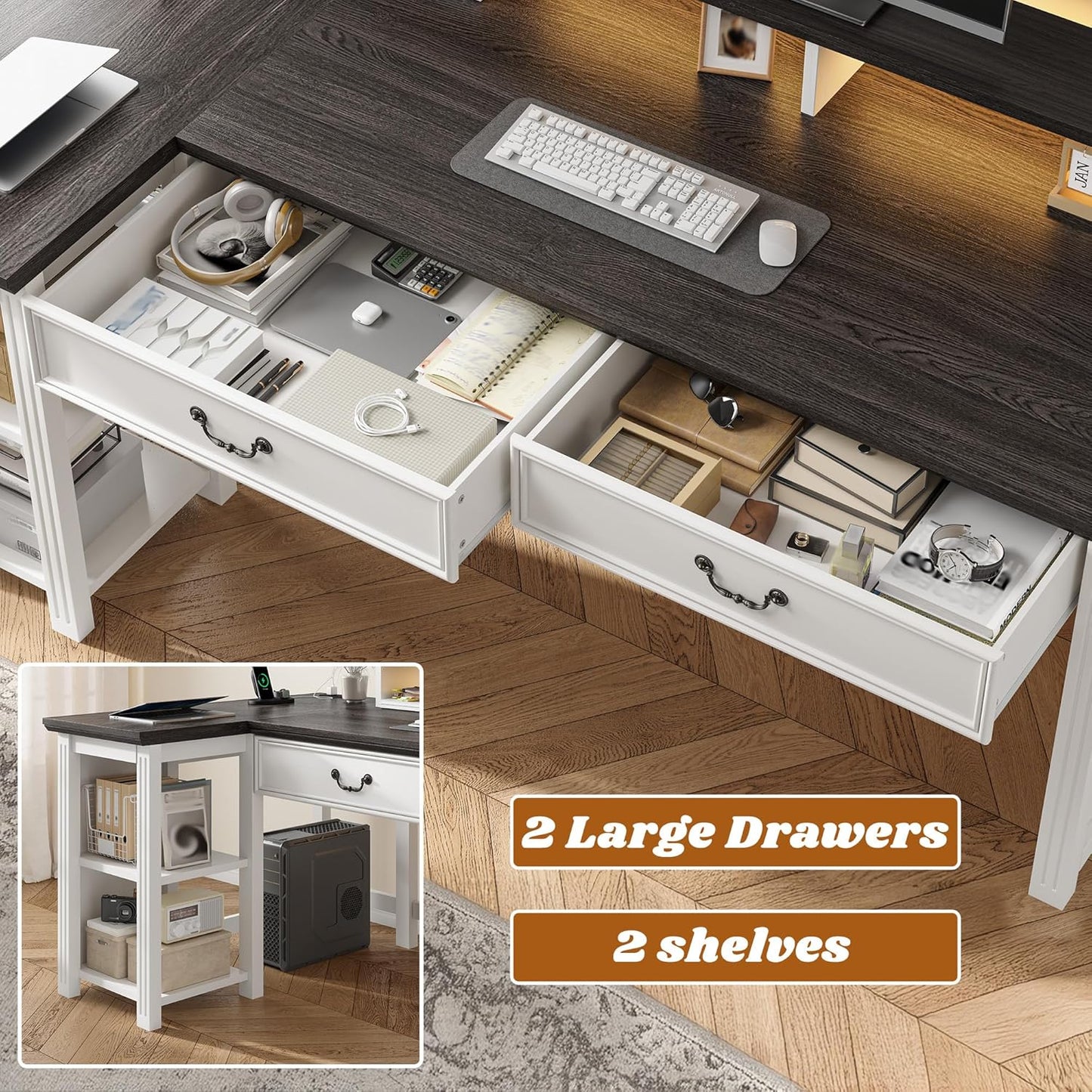 55" L Shaped Farmhouse Computer Desk with Drawers, Office Desk with Long Monitor Stand & Storage Shelves for Bedroom, Desk for Home Office, Desks with Power Outlets & LED Lights, Study Room