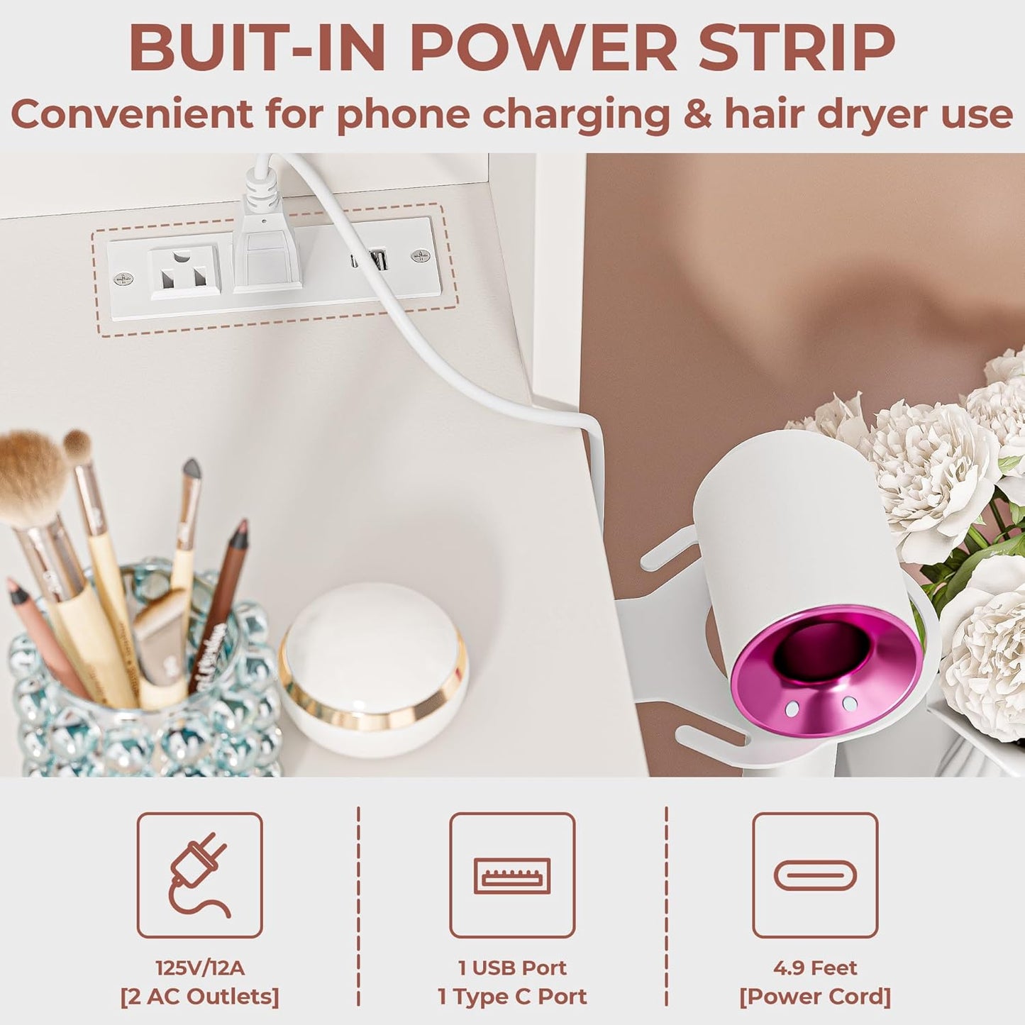 Vanity Desk with Mirror, Compact Makeup Vanity Table with 2 Large Drawers, Shelves, Power Outlet and Side Drawers, 3 Color Modes Adjustable Bulb, Bench Included, White