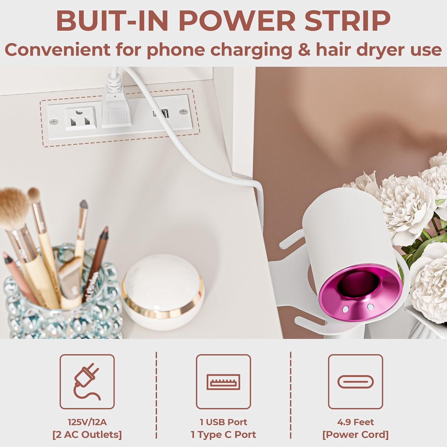 Vanity Desk with Mirror, Compact Makeup Vanity Table with 2 Large Drawers, Shelves, Power Outlet and Side Drawers, 3 Color Modes Adjustable Bulb, Bench Included, White