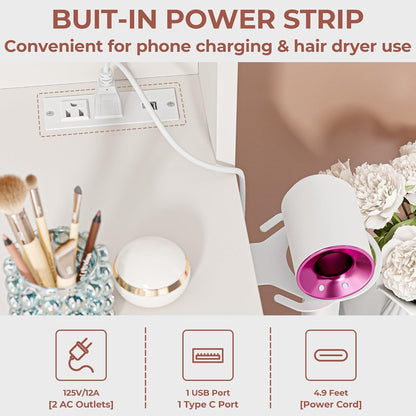 Vanity Desk with Mirror, Compact Makeup Vanity Table with 2 Large Drawers, Shelves, Power Outlet and Side Drawers, 3 Color Modes Adjustable Bulb, Bench Included, White