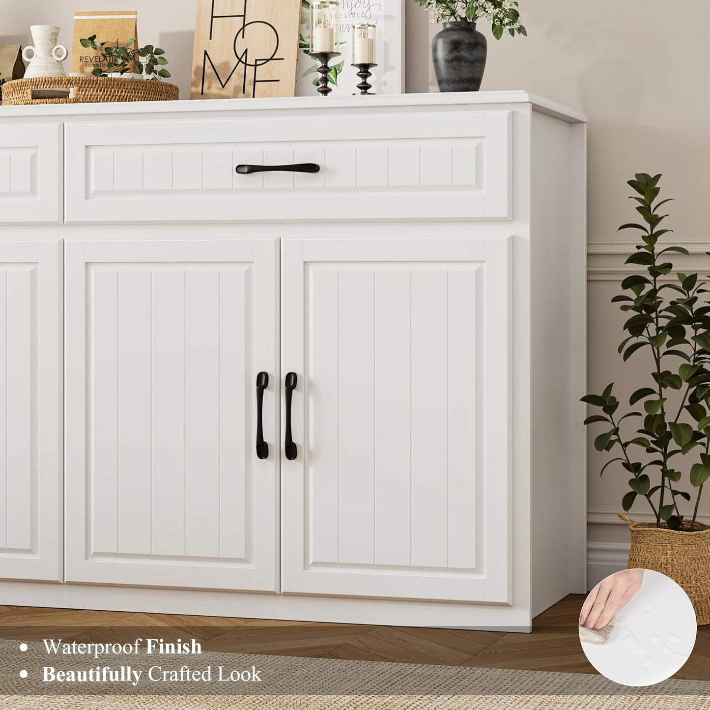 63" Large Sideboard Buffet Cabinet with Storage, Modern Coffee Bar Cabinets with Drawers, Long Kitchen Sideboard Buffets Table for Living Room, Wide Wood Kitchen Buffet Storage Cabinet, White